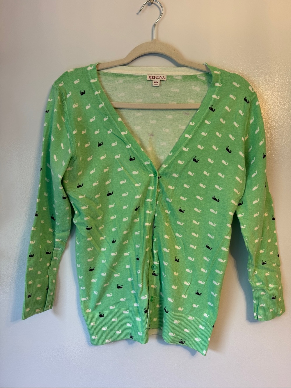 Merona Mint Green Whale-Print V-Neck Cardigan
